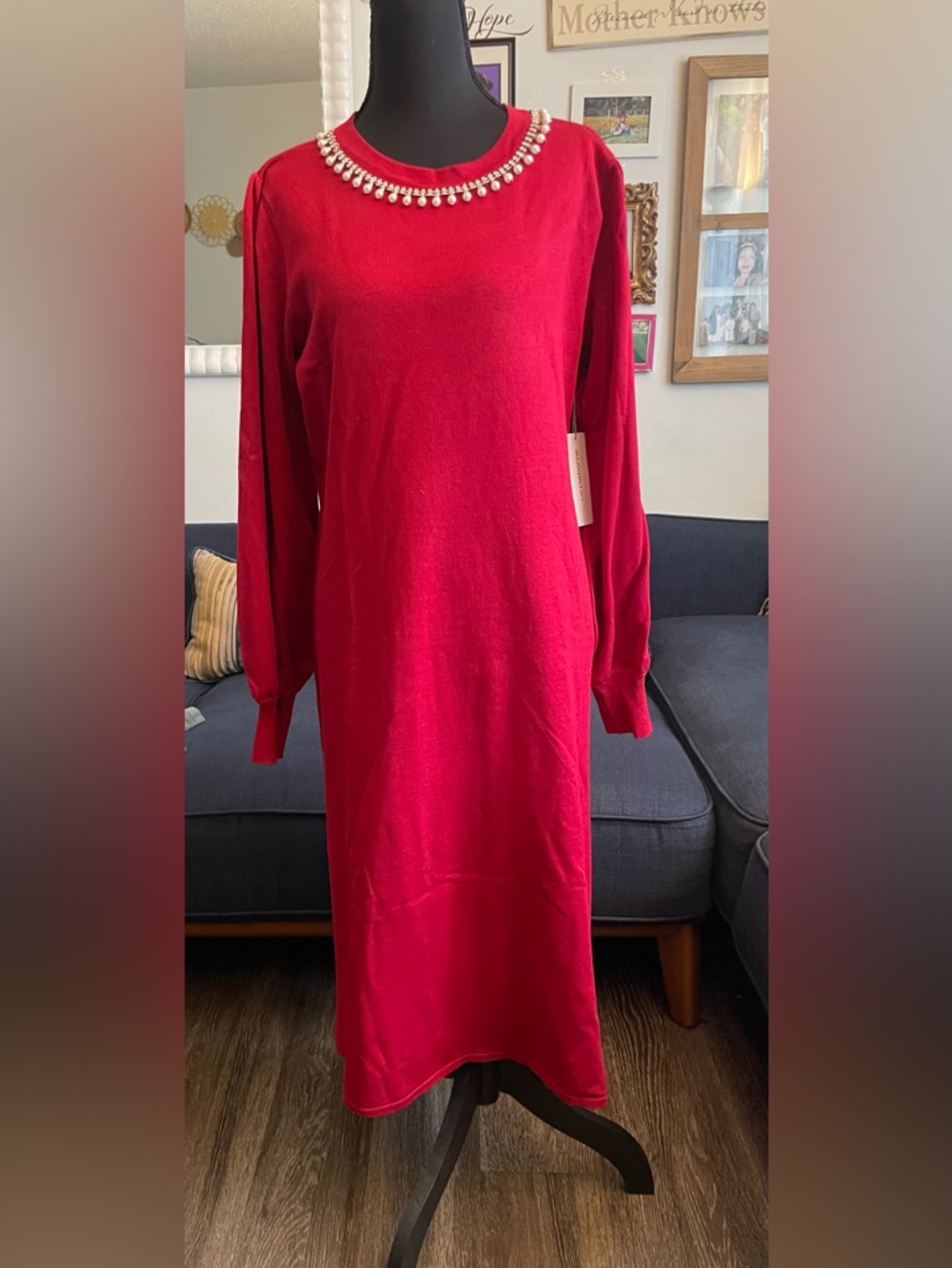 Liz Claiborne Red Sweater with Pearl and Rhinestone Trim